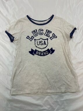 Lucky Brand "Lucky USA" Graphic Tee Cream Blue Ringer Medium